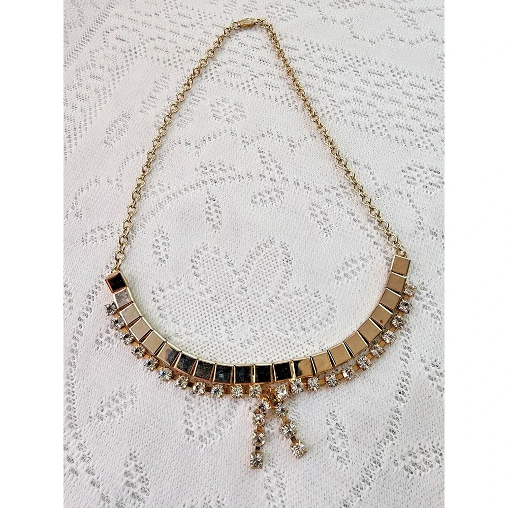 Vintage Rhinestone Necklace Old Hollywood Glam Mid Century Architectural Gold